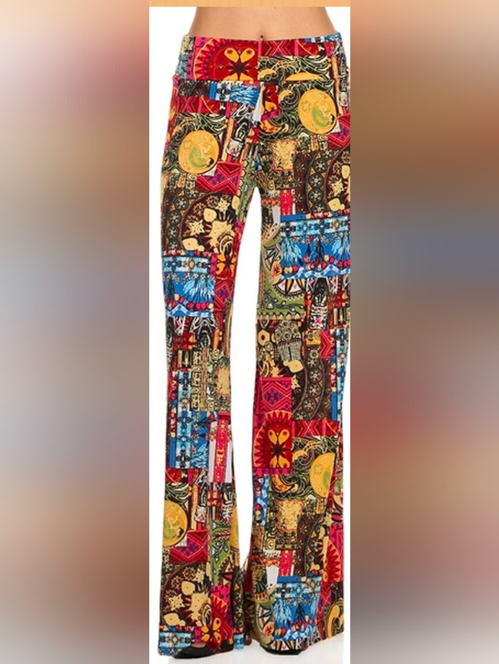 Colorful Patchwork Print Wide Leg Palazzo Pants With Fold-Over Waist